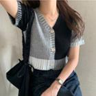 Contrast Color Short-sleeve Cropped Knit Cardigan Black & Gray - One Size