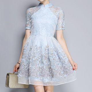 Stand-collar Short-sleeve Lace Dress