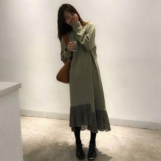 Long-sleeve Pattern Panel Midi Dress
