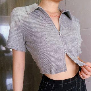 Short-sleeve Zip-up Ribbed Polo Shirt