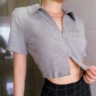 Short-sleeve Zip-up Ribbed Polo Shirt