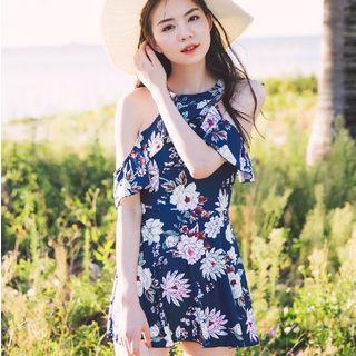Floral Print Cold Shoulder Swim Dress