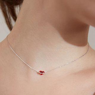 Rhinestone Heart Necklace With Chain - Heart - Silver - One Size