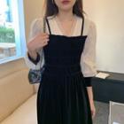 Mock Two-piece Long-sleeve V-neck Midi A-line Dress Black - One Size