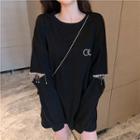 Cutout Sleeve Lettering Round Neck Pullover