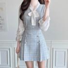 Tweed Set: Tie-neck Blouse + Pleated Miniskirt