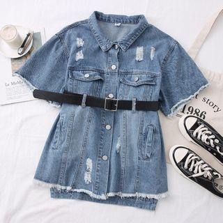 Distressed Denim Shirt With Belt Blue - One Size