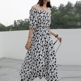 Elbow-sleeve Patterned Frill Trim A-line Midi Dress