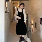 Long-sleeve Mock-neck Lace Blouse / Tie-strap Midi A-line Overall Dress