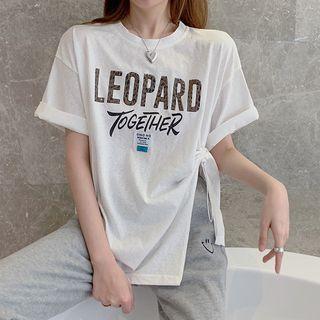 Short-sleeve Lettering Drawstring Side-slit T-shirt