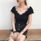 Lace Trim Ribbed Short-sleeve T-shirt