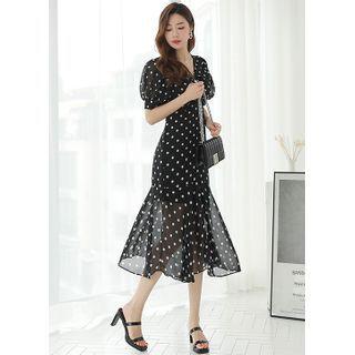 Shirred Ruffle-hem Long Dotted Dress Black - One Size