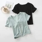 Faux Pearl Button Accent Short-sleeve V-neck Knit T-shirt