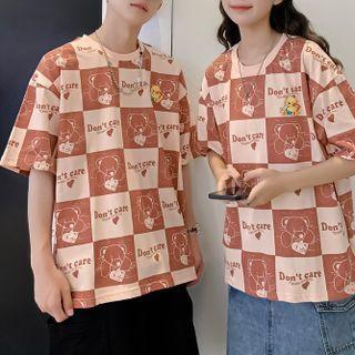 Elbow-sleeve Bear Print Checkered T-shirt