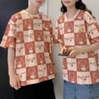 Elbow-sleeve Bear Print Checkered T-shirt