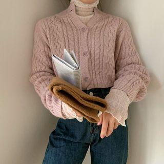 Turtleneck Long-sleeve Lace Top / Cable-knit Cardigan
