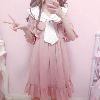 Short-sleeve Sailor Collar Frill Trim A-line Dress