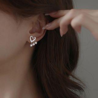 Heart Faux Pearl Fringed Earring With Ear Plug - 1 Pair - Silver - One Size