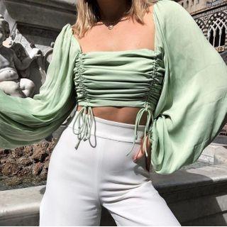 Tie-front Square-neck Long-sleeve Cropped Blouse