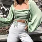 Tie-front Square-neck Long-sleeve Cropped Blouse