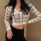 Houndstooth Cropped Knit Top As Shown In Figure - One Size