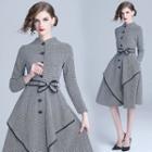 Long-sleeve Contrast-trim Houndstooth A-line Dress