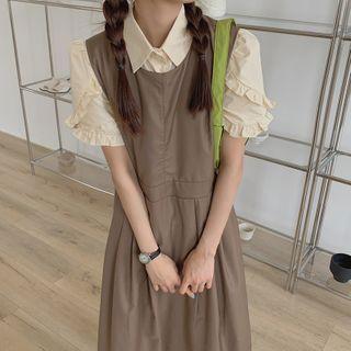 Ruffled Short-sleeve Shirt / Midi A-line Pinafore Dress