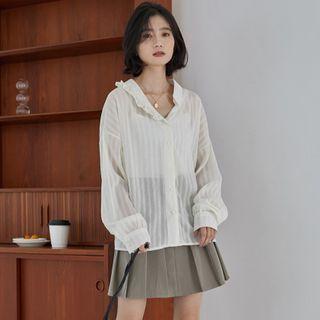 Striped Blouse / Pleated A-line Skirt /set