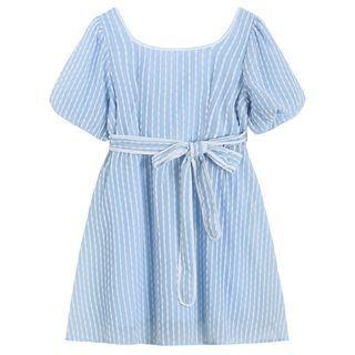 Puff-sleeve Striped Mini Smock Dress