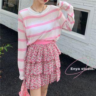 Striped Knit Top / Floral Tiered Skirt