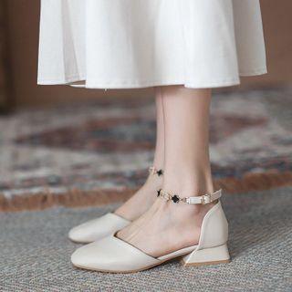 Block Heel Floral Ankle Strap Dorsay Pumps