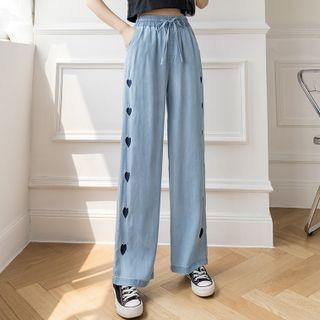 Drawstring Heart Printed Wide-leg Denim Jeans