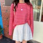 Long-sleeve Heart Embroidered Striped T-shirt