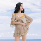 Set: Ruffle Wrap Bikini + Off-shoulder Cover-up Dress