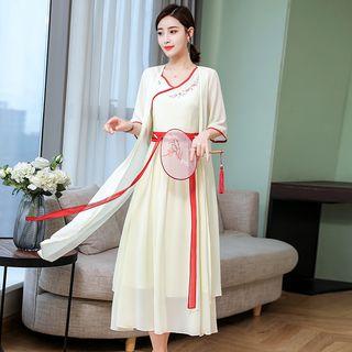 Set: Sleeveless Floral Embroidered A-line Midi Dress + Chiffon Jacket