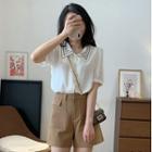 Set: Short Sleeve Striped Collar Shirt + Mid-rise Plain Front Pocket Shorts