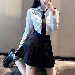 Shirt With Necktie / Pleated Mini A-line Skirt / Set