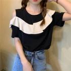 Color-block Ruffle Short-sleeve Top Black - One Size