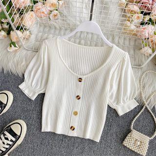 Puff Short-sleeve Square-neck Cropped Knit Top White - One Size
