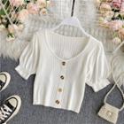 Puff Short-sleeve Square-neck Cropped Knit Top White - One Size