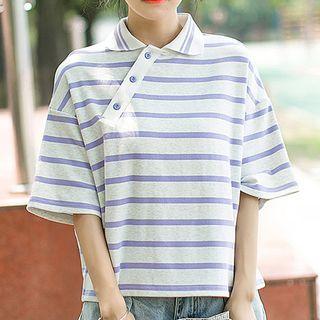 Elbow-sleeve Striped Asymmetric Buttoned T-shirt