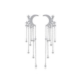 Fashion Simple Moon Tassel Earrings With Cubic Zirconia Silver - One Size