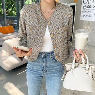 V-neck Cropped Plaid Jacket