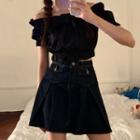 Off-shoulder Blouse / Denim Mini A-line Skirt