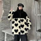 Stand Collar Heart Print Fleece Jacket