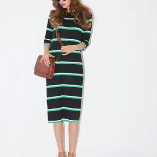 Striped 3/4-sleeve Midi Knit Dress