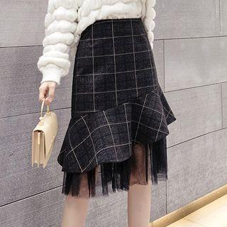 Mesh Panel Ruffle Hem A-line Skirt
