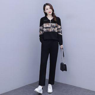 Set: Print Half-zip Mock-neck Sweatshirt + Straight Leg Pants