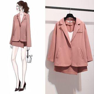 Set: Plain Single-button Blazer + Irregular Hem Skort