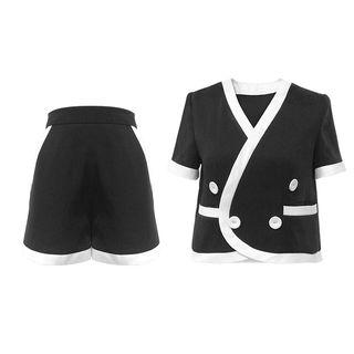 Set: Contrast Trim Short-sleeve Button Jacket + Shorts